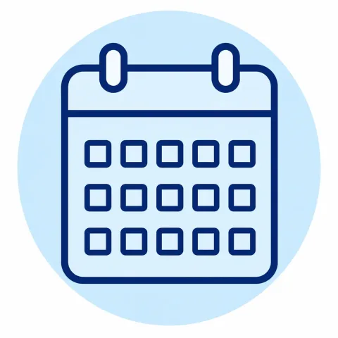 Blue outline drawing of a calendar with a grid of squares, set against a light blue circular background.