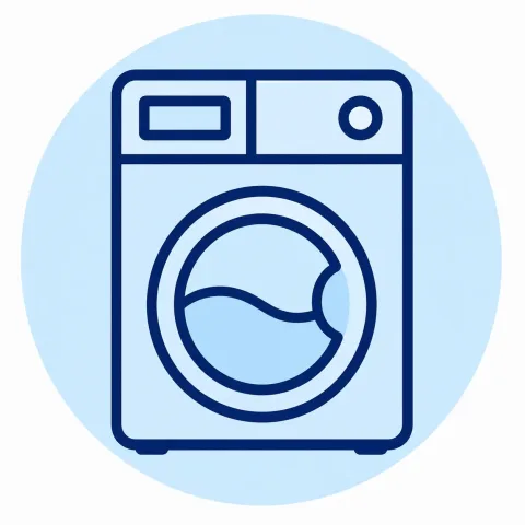 Blue outlined icon of a front-loading washing machine with a circular door, set against a light blue circular background.