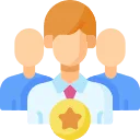 Illustration of three faceless people in business attire, with the person in front wearing a gold star medal.
