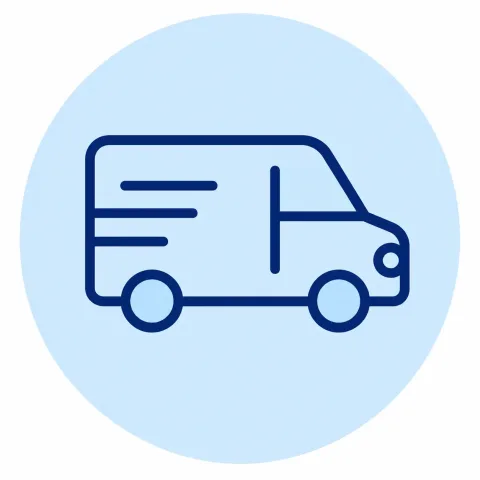 Outline of a delivery van inside a light blue circle.