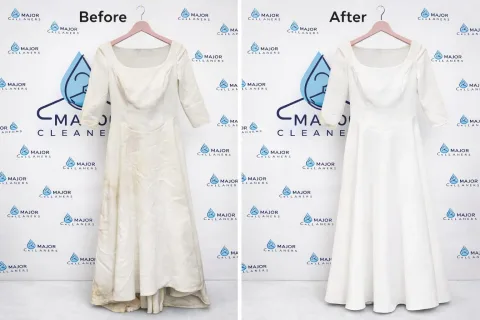A side-by-side comparison of a dress before and after cleaning; the left side shows stains, while the right side shows the dress spotless and white.