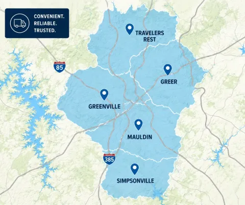 Map highlighting Greenville, SC area with marked locations: Greenville, Mauldin, Simpsonville, Greer, and Travelers Rest. Includes highways I-85 and I-385. Text: “Convenient. Reliable. Trusted.”.