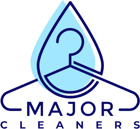 Logo of Major Cleaners, featuring a blue hanger and water droplet design.