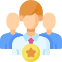 Illustration of three faceless people in business attire, with the person in front wearing a gold star medal.