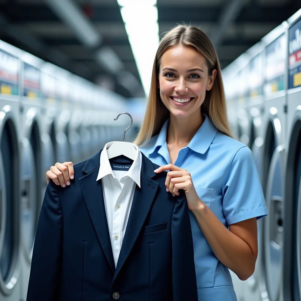 A woman in a blue uniform holds a suit on a hanger, standing in front of rows of washing machines in a laundromat.